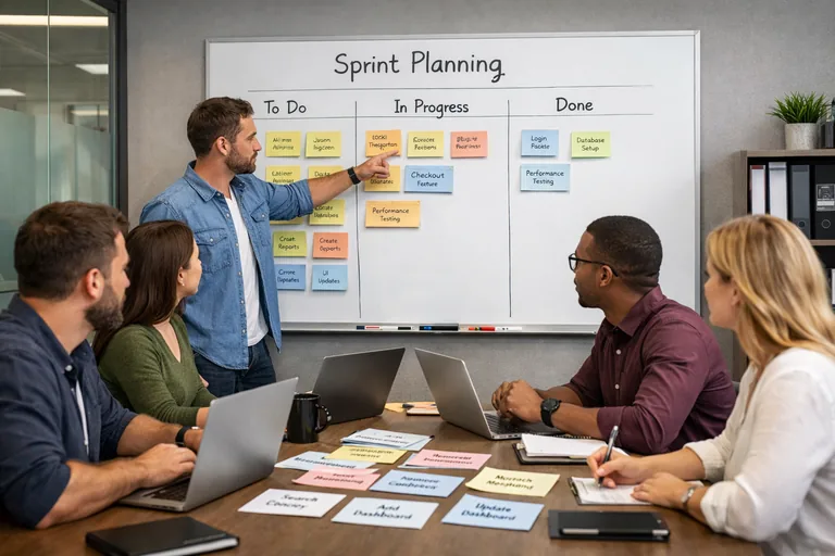 Sprint planlama sırasında ekip üyelerinin hedefleri tartışıp işleri küçük parçalara ayırarak netleştirmesi