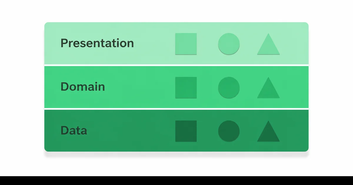 Üç boyutlu yatay üç katmanlı slab modeli, presentation domain ve data katmanları Android yeşili tonlarında