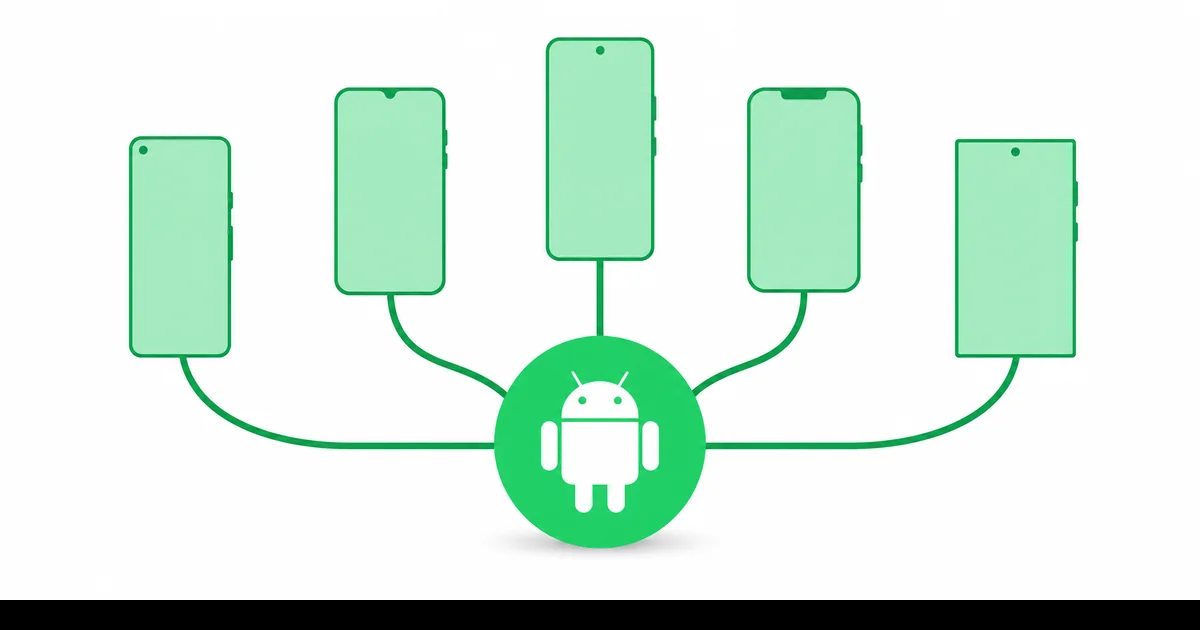 Üç boyutlu dallanan OEM ağacı modeli, merkez küre ve beş geometrik telefon silüeti, Android yeşili