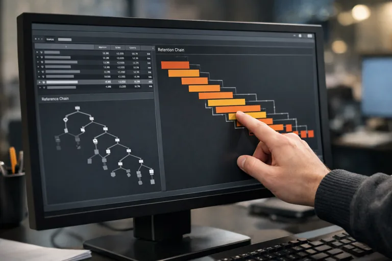 Heap dump ile sızıntı zincirinin görünürleşmesi Heap dump içinde Activity referansının bir singleton üzerinden tutulduğunu gösteren referans zinciri ve büyüyen retained size