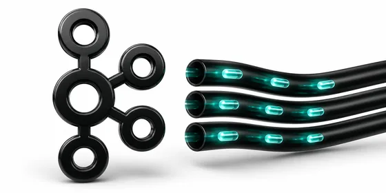 Apache Kafka eğitimi 3D logo kompozisyonu Apache Kafka 3D logosu yanında akış boruları ve mesaj paketleriyle siyah tonlu kompozisyon