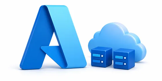 Azure eğitimi 3D logo kompozisyonu Azure 3D logosu yanında bulut ve sanal makine küpleri ile mavi tonlu kompozisyon