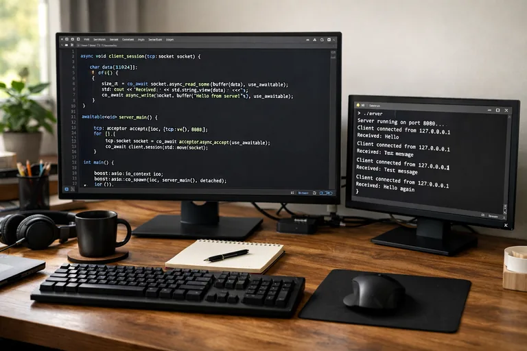 Coroutine akışını izleten C++ geliştirme ortamı C++ kod düzenleyicide coroutine akışını gösteren fonksiyon ve yanında çalışan sunucu süreçlerinin durum ekranı