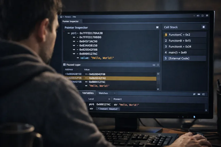 Bir debugger ekranında pointer zinciri, struct alanları ve çağrı yığını üzerinde adım adım izleme akışı