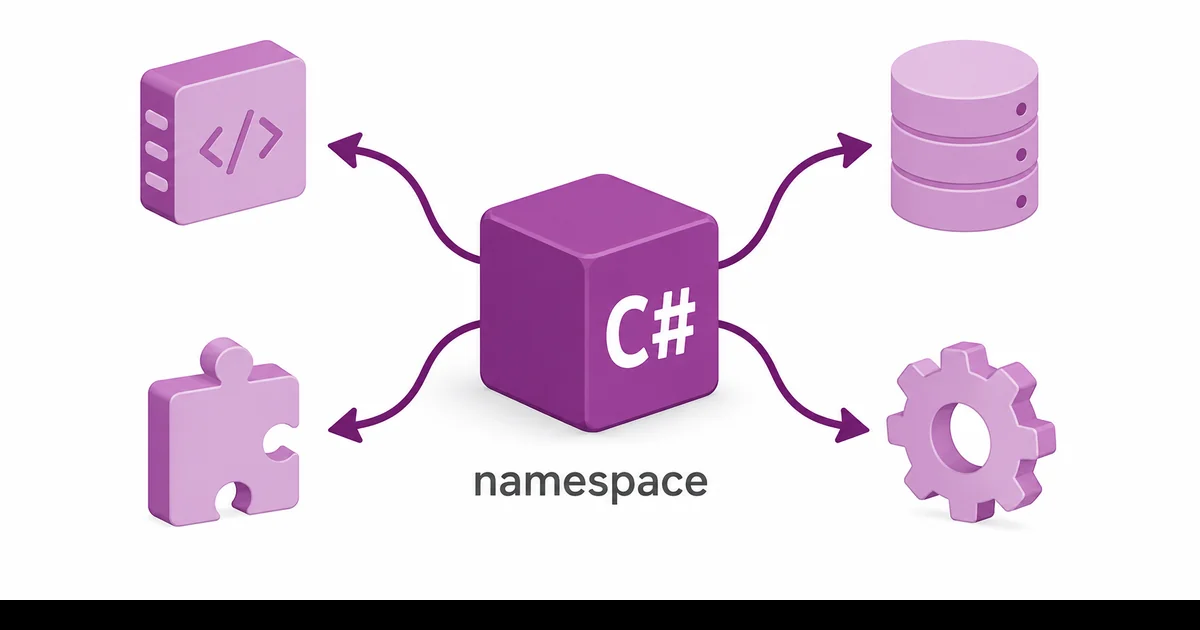 Namespace hub: kütüphane modülü dallanma modeli Üç boyutlu namespace küpü merkezde, dışa doğru dört kütüphane modülüne dallanan eğri oklar