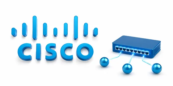 CCNA eğitimi 3D logo kompozisyonu Cisco 3D logosu yanında ağ anahtarı kutusu ve bağlantı düğümleri ile mavi tonlu kompozisyon