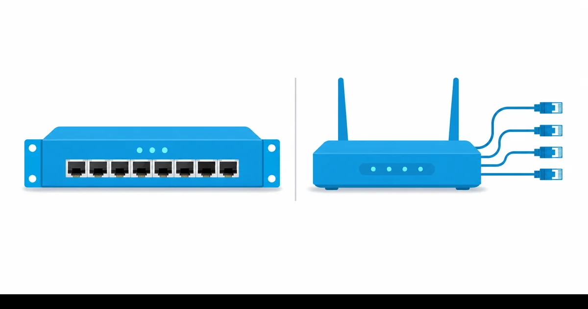 Switch ve router cihaz modeli yan yana Üç boyutlu rack switch ve antenli router cihazları, eternet port satırı ve dallanan kablo hatları