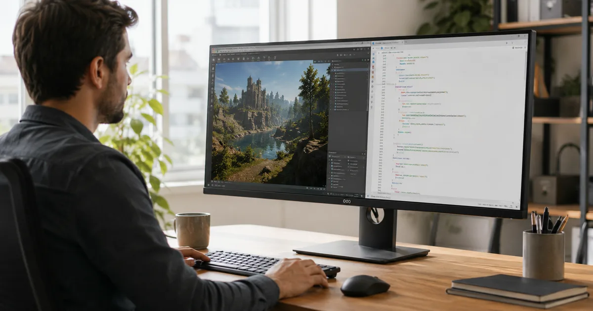 C++ ile oyun motoru geliştirme Unreal Engine benzeri ortam Oyun motoru geliştirme ortamında C++ kodu ve 3D sahne editörü yan yana