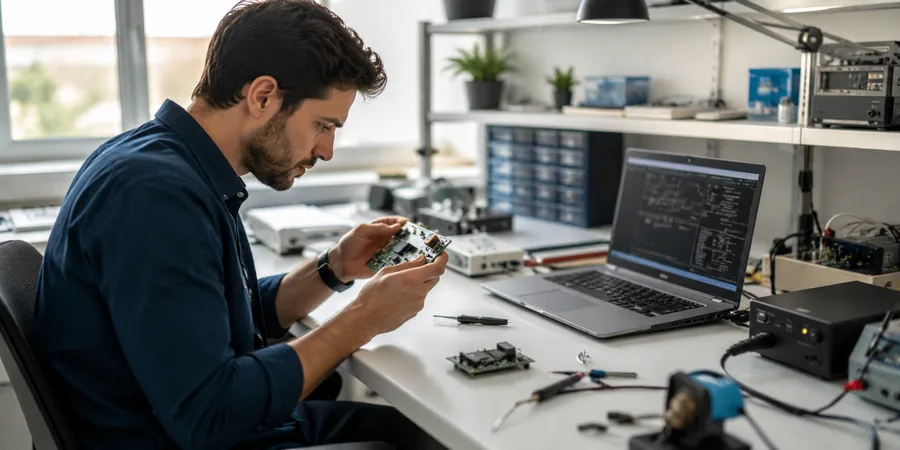 C++ ile gömülü sistem geliştirme elektronik laboratuvar ortamı Gömülü sistem mühendisi laboratuvar tezgâhında devre kartı incelerken laptop'ta C++ kodu açık