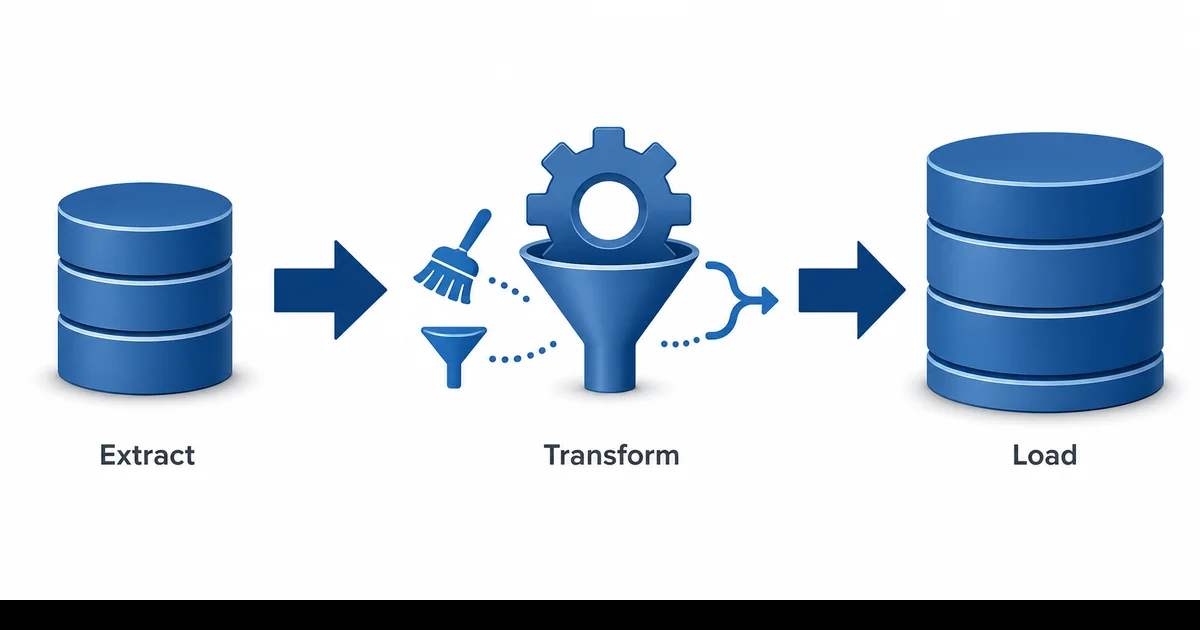 Extract Transform Load üç aşamalı ETL pipeline detaylı diyagram kaynak silindir dönüşüm hunisi hedef ambar