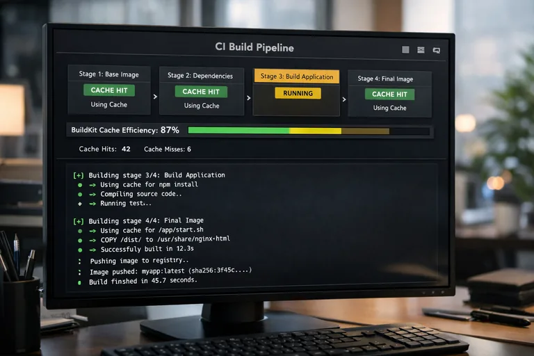 BuildKit etkinleştirilmiş pipeline’da hedef aşamaya kadar yeniden kullanım örneği ve ölçüm