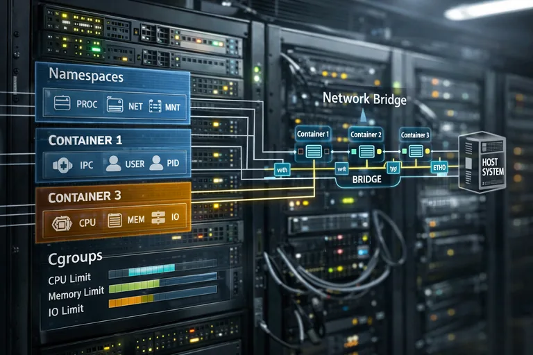Host üzerinde kernel paylaşımıyla izole süreçlerin kaynak sınırları içinde çalışmasını ve ağ köprülemesini anlatan şema benzeri düzen