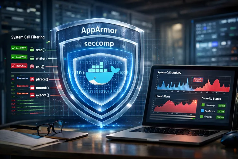 Linux çekirdeği üzerinde seccomp filtreleri ve AppArmor profilleriyle konteyner sistem çağrılarının ve dosya erişiminin sınırlanmasını gösteren yapı