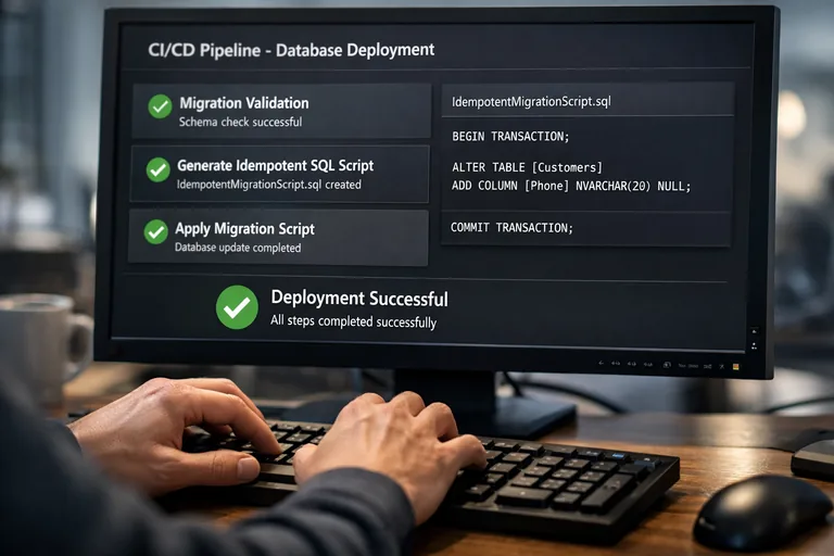 CI/CD hattında migration doğrulama ve script üretimi CI hattında migration doğrulaması, idempotent script üretimi ve veritabanı testlerinin akış halinde gösterildiği düzen