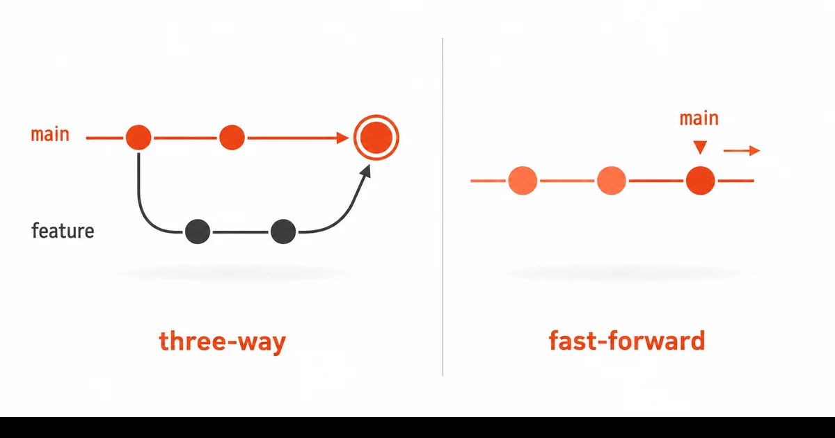 Three-way merge ve fast-forward merge davranışı diyagramı İki paralel branch'in merge commit ile birleştiği three-way merge ve fast-forward modunda main ileri kaydığı akış diyagramı