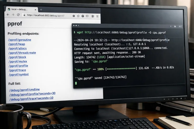 net/http/pprof ile endpointlerin etkinleştirilmesi pprof arayüzünde debug endpointleri, örnek profil türleri ve indirilen çıktı dosyalarının listelendiği akış