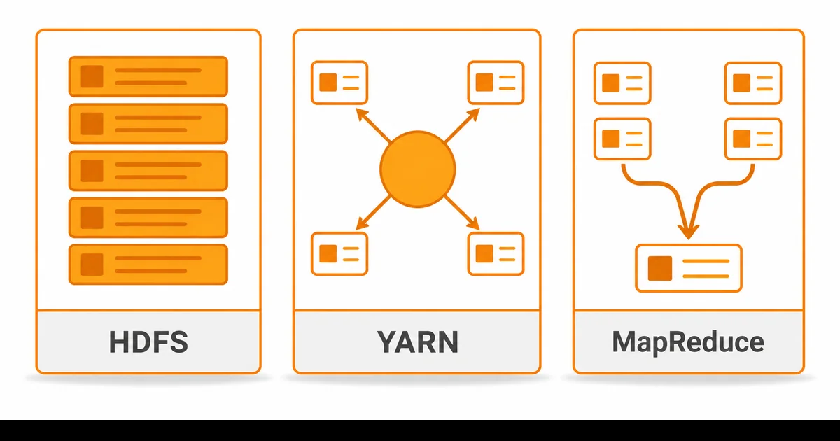 HDFS YARN ve MapReduce katmanlarını üç dikey sütun olarak yan yana gösteren Hadoop mimari şeması