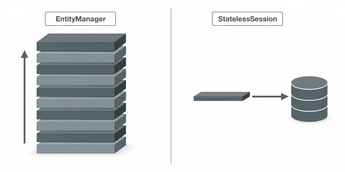 StatelessSession ile EntityManager arasında bellek tüketimi ve flush ve clear ritmi farkı