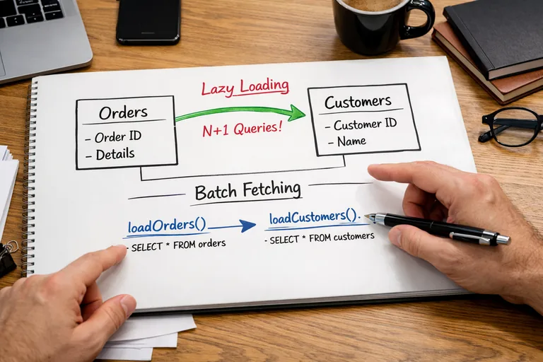 Lazy ve batch fetch yaklaşımı özeti Sipariş ve müşteri ilişkilerinde lazy ve batch yaklaşımının sorgu sayısını düşürdüğünü anlatan örnek akış diyagramı