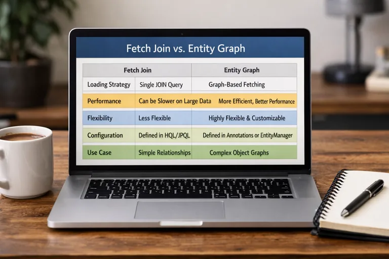Fetch join ve EntityGraph karşılaştırması Fetch join ve EntityGraph seçeneklerinin farklı ekran ihtiyaçlarına göre nasıl seçildiğini anlatan karşılaştırmalı tablo
