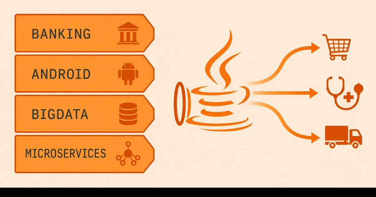 Java'nın kullanım alanlarını gösteren bankacılık Android big data ve mikroservis sembollerinin bulunduğu sektörel kolaj