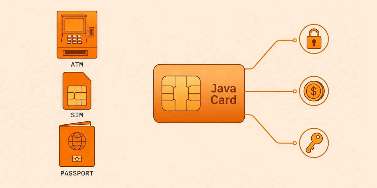 Java'nın ATM SIM kart e-pasaport ve IoT gibi gömülü cihazlardaki kullanım alanlarını gösteren diyagram