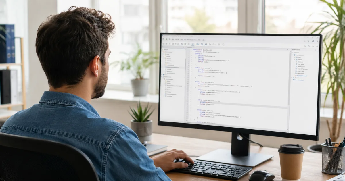 Java Spring Boot uygulaması geliştiren yazılım mühendisi ekrana bakıyor