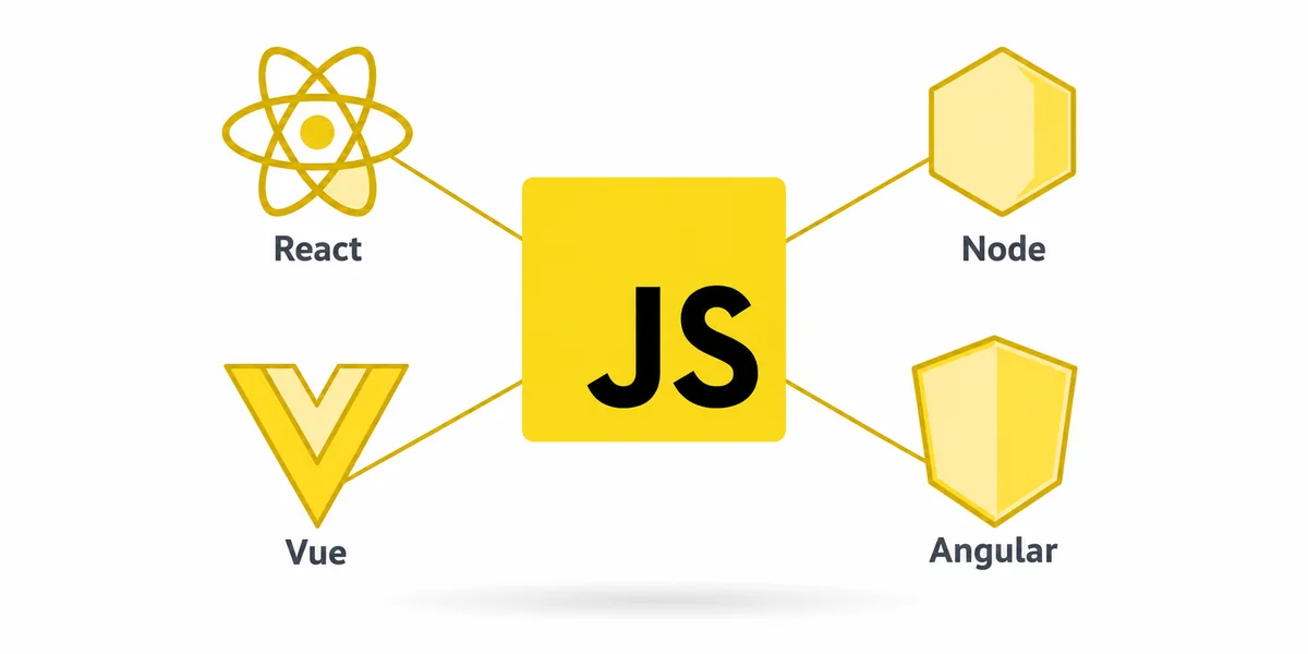 Modern JavaScript Framework Ekosistemi React Node Vue JavaScript ekosisteminde React, Node.js, Vue ve Angular modern framework kullanım alanları haritası