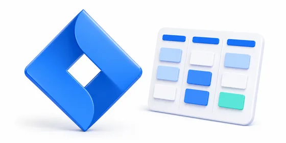 Jira eğitimi 3D logo kompozisyonu Jira 3D logosu yanında kanban panosu kartları simgesiyle mavi tonlu kompozisyon