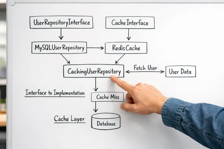 Interface binding ile değiştirilebilir bağımlılıklar Interface binding ile Eloquent ve cache katmanlarının değiştirilebilir olduğu bir bağımlılık akışı diyagramı
