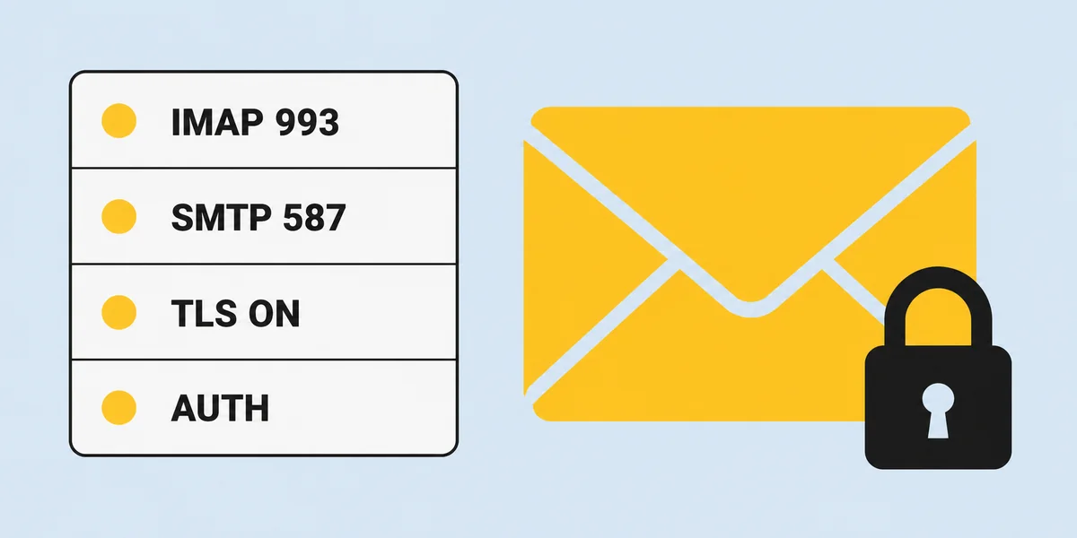 Mail istemcisinde IMAP 993 ve SMTP 587 port ayarlarını gösteren ayar kartı yanında zarf simgesi kolajı