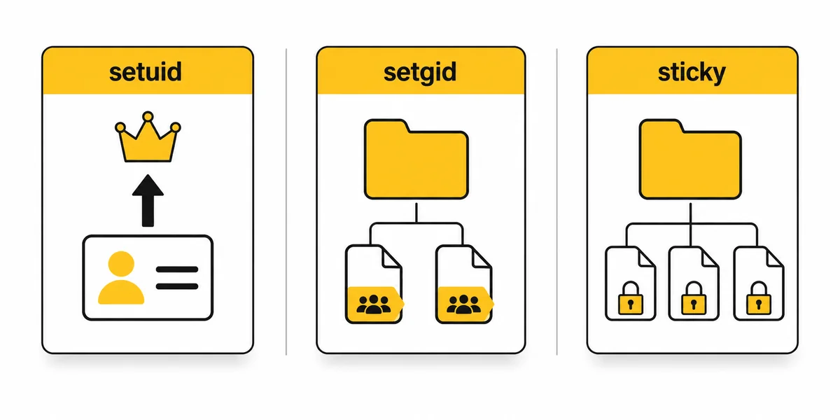 Linux setuid setgid ve sticky bit özel izin bayraklarının görev ve kullanım şeması