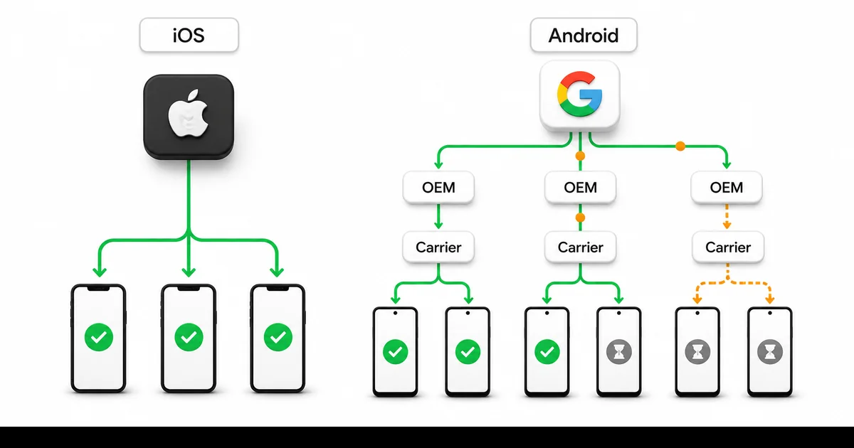 Android ve iOS Yama Dağıtım Zinciri Karşılaştırması iOS doğrudan dağıtım ve Android OEM güncelleme zinciri yama gecikmesi karşılaştırma şeması