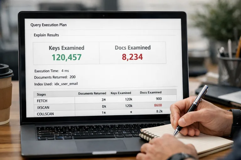 Execution stats çıktısında keysExamined ve docsExamined oranının sorgu maliyetini yorumlamaya yardımcı olması