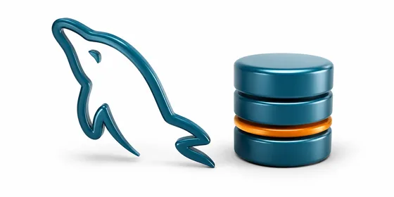 MySQL eğitimi 3D logo kompozisyonu MySQL 3D yunus logosu yanında veritabanı silindiri ile mavi-turuncu tonlu kompozisyon