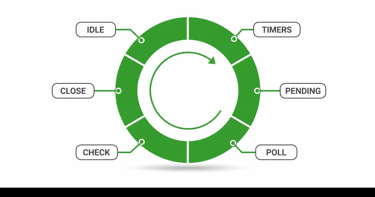 Node.js Event Loop Fazları Dairesel Diyagramı Node.js olay döngüsünün altı fazını dairesel akış halinde gösteren mimari diyagram