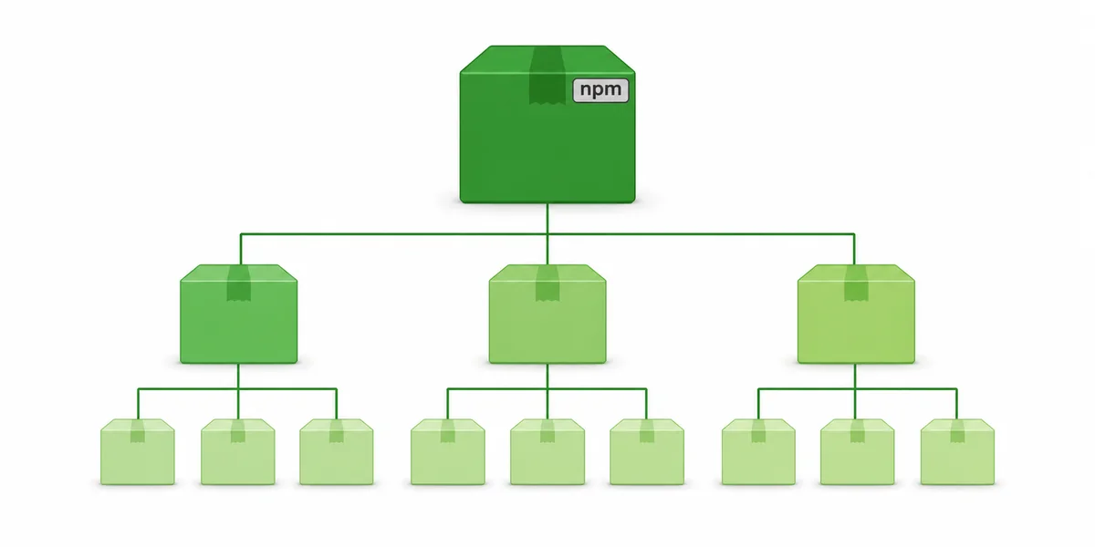 npm Paket Ekosistemi ve Bağımlılık Ağacı Görseli npm paket kutularının üst üste istiflendiği bağımlılık ağacı diyagramı
