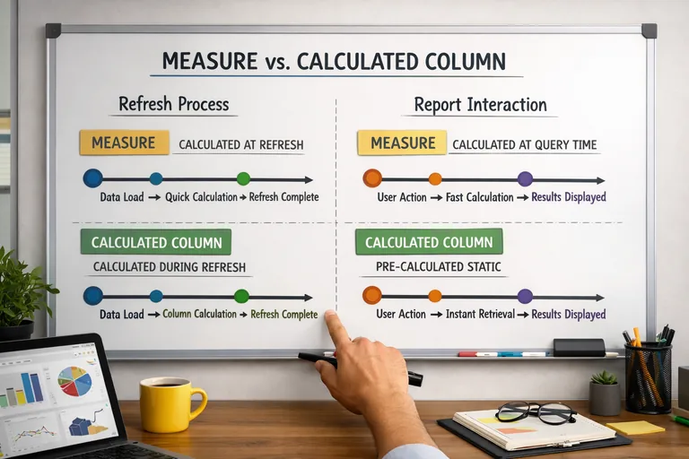 Measure ile kolon hesapları arasındaki kritik farklar Measure ve calculated column farkını, yenileme anı ve rapor etkileşimi ekseninde karşılaştıran şema