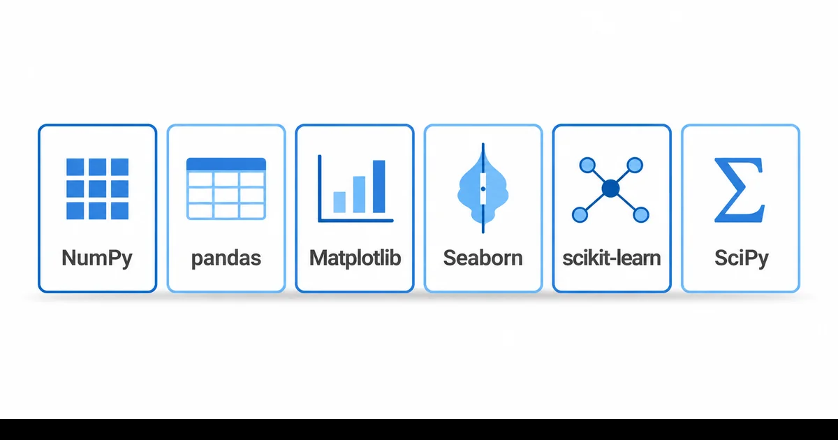 Python veri analizi kütüphane yığını NumPy pandas Matplotlib scikit learn rozetleri ile katmanlar