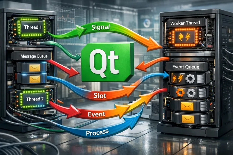 Qt thread yapısında güvenli sinyal iletimi örneği Çok iş parçacıklı Qt uygulamasında sinyallerin kuyruklanarak güvenli şekilde işlenmesini anlatan akış şeması