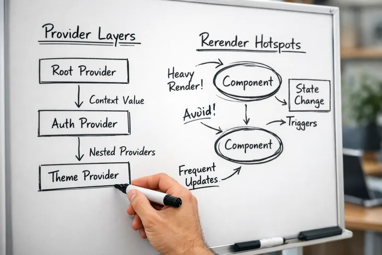 Context ile global veriyi paylaşmanın pratik sınırları Context Provider zinciri büyüdükçe yeniden render etkisini azaltmaya yönelik pratik bir yapı örneği