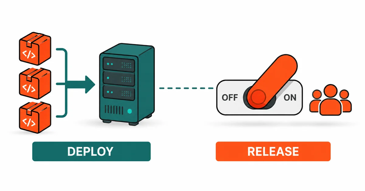 Feature flag toggle ile deploy ve release katmanlarının birbirinden ayrılmasını gösteren akış