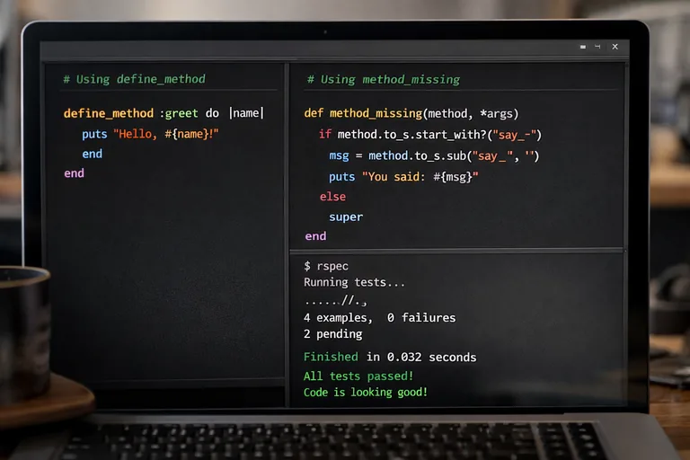 define_method ile metot üretimi ve test doğrulaması Ruby kod editöründe define_method ile metot üreten örnek ve yanında test çıktıları penceresi