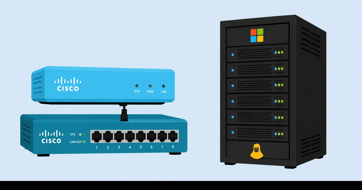 Cisco router ve switch ikonları yanında Active Directory ve Linux sunucu sembollerini gösteren sistem ağ uzmanı görev kolajı