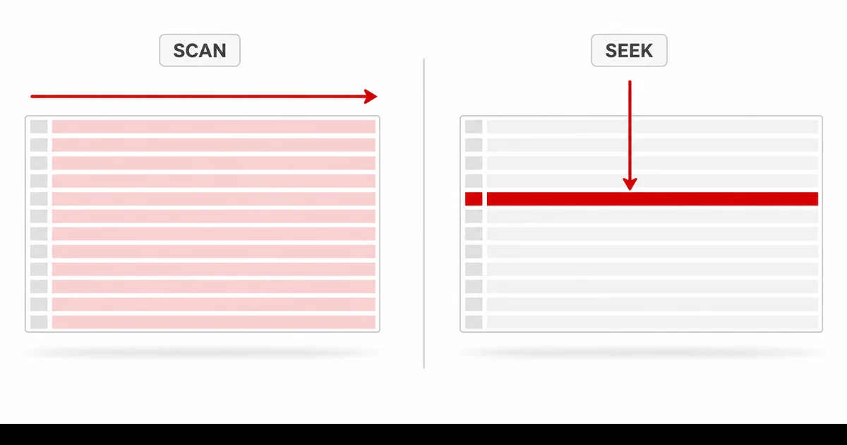 Index Seek ve Index Scan Maliyet Karşılaştırma Diyagramı Index seek ile index scan operasyonlarının veri tabanı sorgu maliyetlerini karşılaştıran iki panelli diyagram