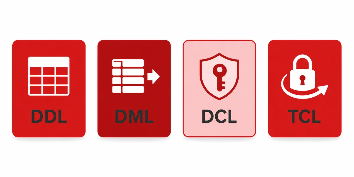 SQL Alt Dilleri DDL DML DCL ve TCL Kategorileri SQL dilinin dört alt dili DDL DML DCL TCL kategorilerinin görsel olarak ayrılmış kart panosu