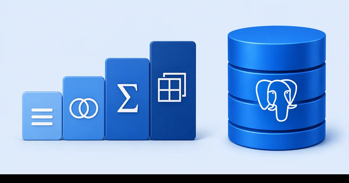 SQL öğrenme aşamaları temel sorgu JOIN aggregation window function sıralı yol haritası mavi tonlarda
