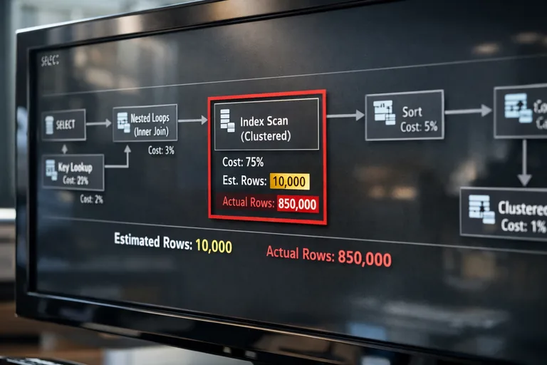 Cardinality sapmasını planda erken fark etme Yürütme planında yüksek maliyetli düğüm kırmızıyla işaretlenmiş, satır tahmini ile gerçek satır farkı belirgin görünüyor