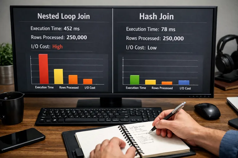 Join stratejisine göre süre farkını net görme Join stratejilerini karşılaştıran bir performans ekranında nested loop ve hash join süreleri yan yana görülüyor, karar noktası vurgulanıyor