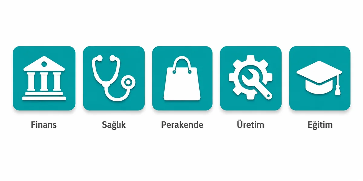 Beş sektörde uygulama yazılımı kullanımı Finans sağlık perakende üretim eğitim beş sektör simgesi yatay sıra uygulama yazılımı kullanımı
